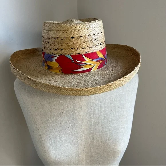Raffia Straw Woven Tan Sun Hat with Tropical Band - Picture 2 of 13